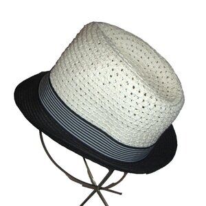 Off White Nautical Trilby Hat – Paper/Poly Blend, Black Brim One Size Unisex